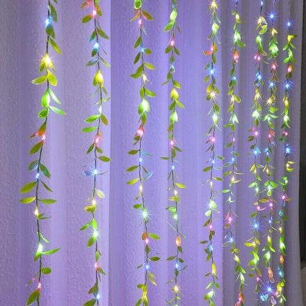 2x2 méter LED fényfüggöny apró zöld levelekkel 8 fénymód sorolható színes