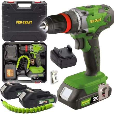 Procraft PA18DFR Akkumulátoros fúrócsavarhúzó, 38 Nm nyomaték, 0-350/0-1400 fordulat/perc, 2 db 20V/2 Ah akkumulátorral, Kefe nélküli motor, Levehető DFR gyorstokmány, Integrált LED lámpa, 2 fokozat, fordulatszám szabályozás
