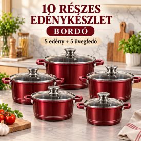   **10 részes tapadásmentes edénykészlet üvegfedőkkel – bordó**