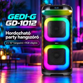   GEDI-G GD-1012 hordozható party hangszóró, 2 × 10″ hangszóróval és RGB világítással