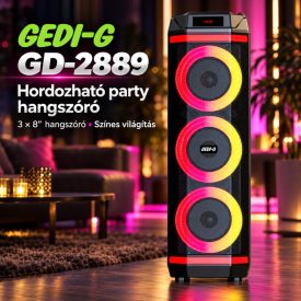   GEDI-G GD-2889 hordozható party hangszóró, 3 × 8″ hangszóróval és színes világítással