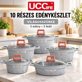   **UCC LIFE 10 részes, tapadásmentes edénykészlet üvegfedőkkel – fekete **  Elegáns megjelenés és sokoldalú használat a mindennapi főzéshez! Az UCC LIFE 10 részes edénykészlet **5 edényt és 5 hozzájuk illő üvegfedőt** tartalmaz.  A különböző méretű, m