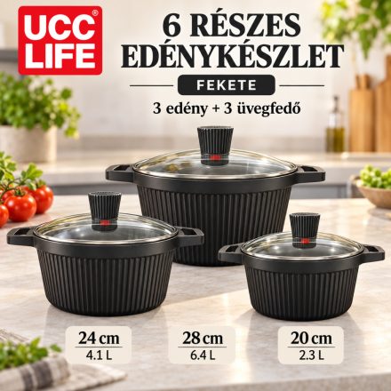 UCC LIFE 6 részes edénykészlet üvegfedőkkel – bordázott kivitel