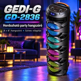  GEDI-G GD-2836 hordozható party hangszóró, 4 × 8″ hangszóróval és színes világítással