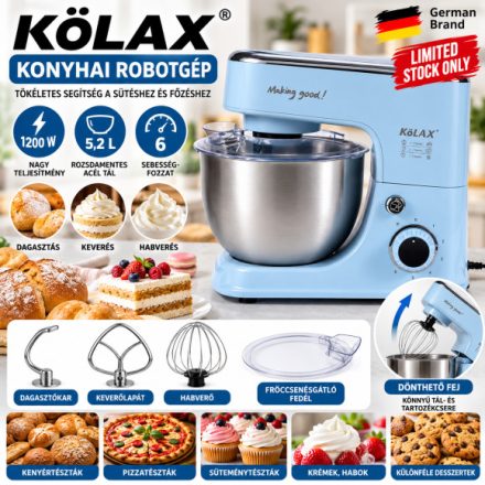KOLAX MKOLAX Elektromos Konyhai Robotgép – 1200 W, 5,2 L rozsdamentes acél tál, 6 sebességfokozat, dagasztó-, habverő- és keverőfej, kék